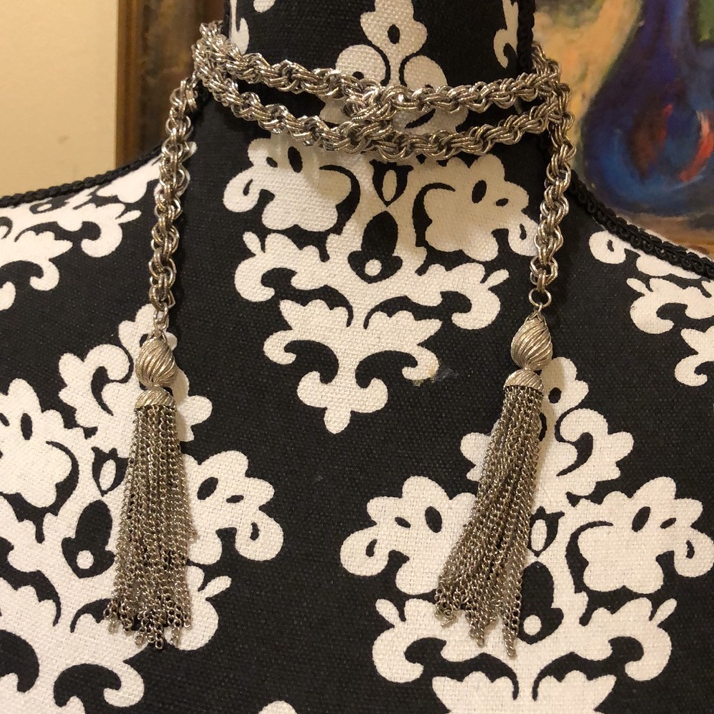 ⛓Silver tone chain & swirl crowned tassels, versatile lariat belt or necklace